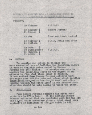 Minutes of meeting at Shell Mex House to discuss cyclotron magnet (13 August 1946)