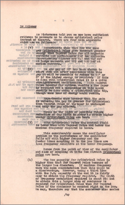 Note to Skinner from (presumably) Snowden explaining the choice of cylindrical rather than tapered poles for the cyclotron (25 April 1947)