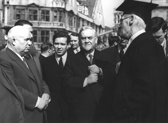 Historic visit: President Khrushchev and Marshal Bulganin meet Oxford University vice-chancellor Mr AH Smith at the Clarendon Building