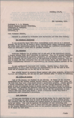 Letter from Lesley Mullett to Prof Skinner reporting on the DESY accelerator (5 September 1958)