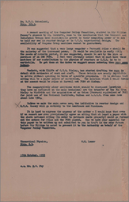 Letter from Mick Lomer, Harwell to Basil Schonland, Harwell concerning the need for a very large computer such as the Ferranti Atlas for Research and Industrial Groups, and warning that without this the Americans and Russians will have the advantage (15 October 1959)