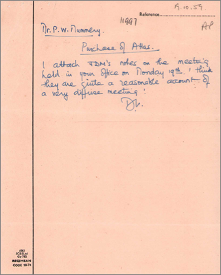 Handwritten notes by PW Mummery, AERE taken during a meeting to discuss the purchase of Atlas and its use in reactor development (19 October 1959)