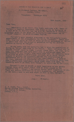 Letter from Michaels, Office for the Minister of Science to AE Drake, UKAEA concerning the purchase of Atlas and concerns that Sebastian de Ferranti had about the interim purchase of an American STRETCH (16 August 1960)