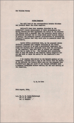 Letter from Tom Le Cren to Sir William Penney concerning Ferranti's worries about the recent announcement to hire STRETCH (29 August 1960)
