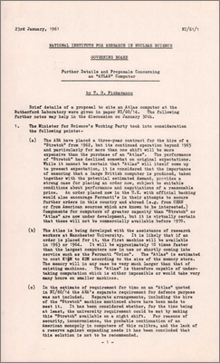 Proposal from Gerry Pickavance concerning the siting and technical details of the Atlas computer at Rutherford Laboratory (23 January 1961)