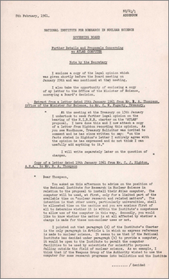 Paper from CJ Highton, NIRNS concerning the legal position on the use of Atlas by universities/institutes for non-nuclear work (8 February 1961)