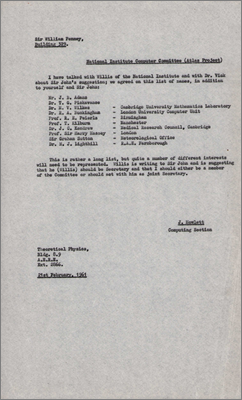 Note from Jack Howlett to William Penney concerning of the NIRNS Computer Committee (21 February 1961)