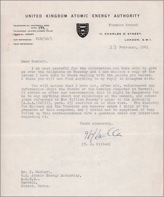 Letter from HJ Millen, UKAEA to Jack Howlett with cryptic reference to the Mercury computer at Harwell (23 February 1961)