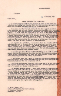 Letter from HJ Millen to DB Jones, Office for the Minister of Science concerning costs of the Atlas computer (23 February 1961)