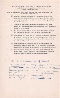 Comments made by Mick Lomer following a discussion with Jack Howlett on the organisation of Atlas (6 March 1961)