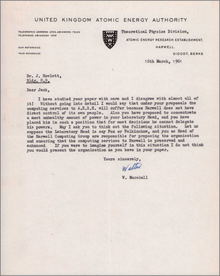 Letter from Walter Marshall, Harwell to Jack Howlett with concerns about the management of the Atlas Laboratory (16 March 1961)