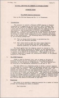 Note by William Penney and Gerry Pickavance to the NIRNS Governing Board concerning the Atlas Computer Laboratory including organisation, costs and location (10 May 1961)