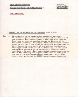 Extract from minutes of the first Atlas Computer Committee meeting concerning reporting structure (7 July 1961)