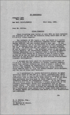 Letter from FA Vick, Harwell to HJ Millen, UKAEA concerning forecasts for use of the Atlas computers at NIRNS and at London (31 July 1961)