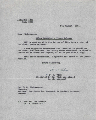 Letter from FA Vick, Harwell to Gerry Pickavance with text of a draft press release about Atlas (8 August 1961)