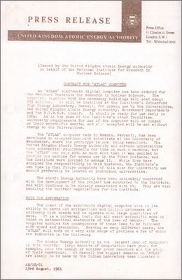 Press release concerning the contract for the Atlas computer (23 August 1961)