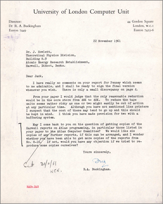 Letter from RA Buckingham, London University Computer Unit to Jack Howlett concerning the purchase of Atlas core store, tape units and printers (22 November 1961)