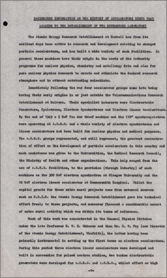 Background on the history of accelerators since 1945 leading to the establishment of the Rutherford Laboratory (Author unknown, 1960?)