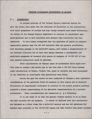 Proposed accelerator developments at Glasgow (anonymous but assumed to be John Gunn; undated so unclear whether this is paper no.5 for the meeting on 16th March)