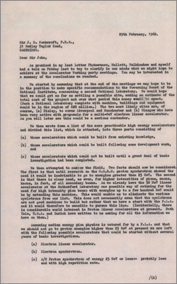Letter from Stafford to Cockcroft concerning Accelerator Working Party meetings for the second national laboratory (29 February 1960)