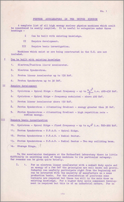 Further accelerators in the UK (Mullett, Paper no.1, 16 March 1960)