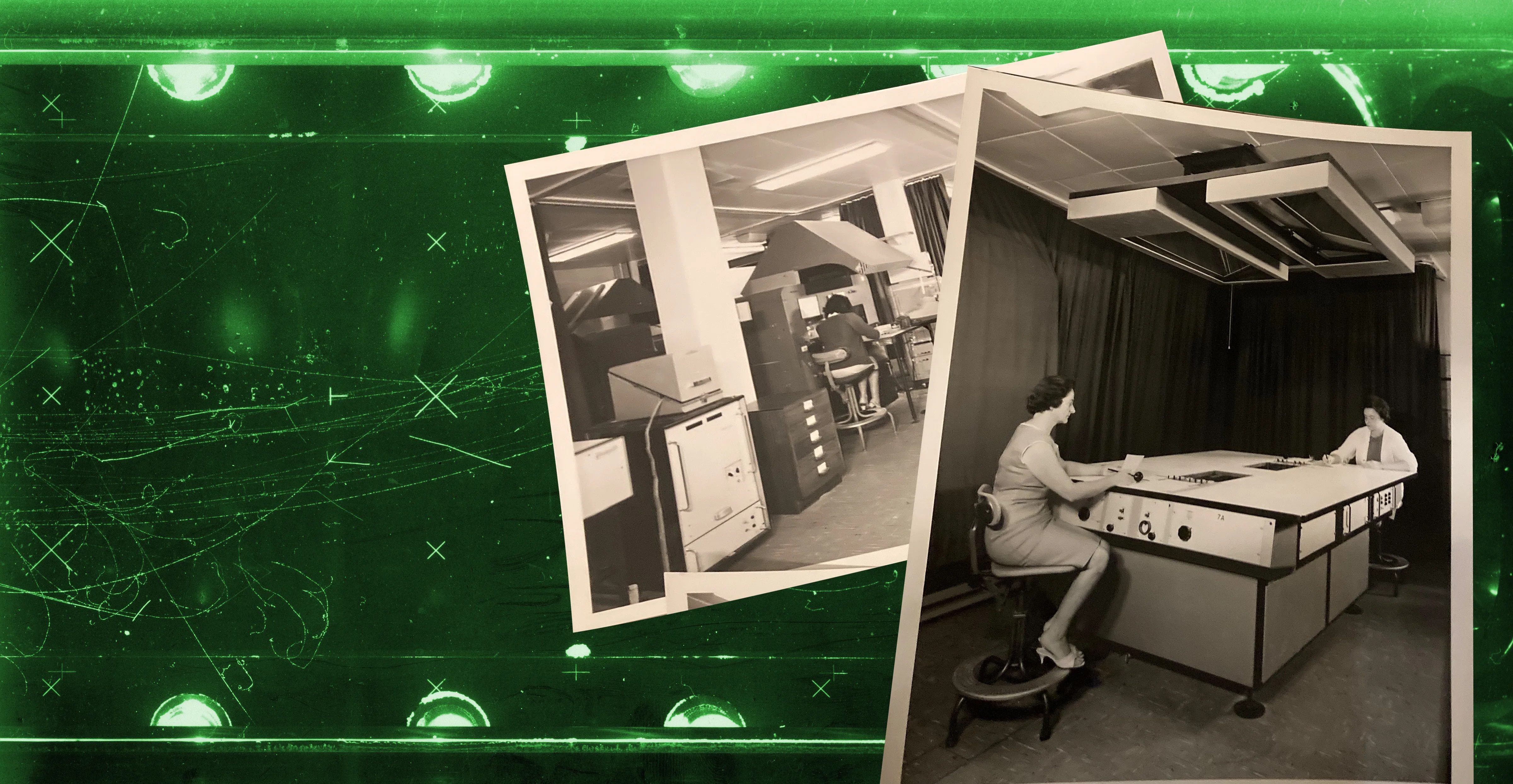 A series of particle tracks and the scanning girls whose job it was to act as human particle trackers. Image: STFC