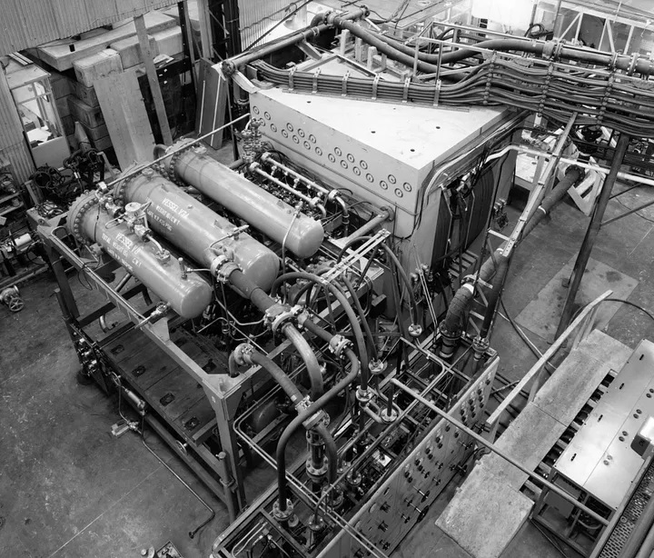 Rear view of one of the bubble chambers based at Rutherford, the Heavy Liquid Bubble Chamber, showing the compression and expansion gear. Image: STFC