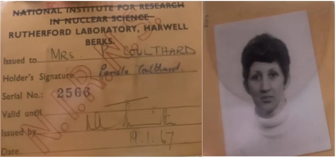 The front and back of an old site pass belonging to Pamela Delaney, then Pamela Coulthard. Image: Pamela Delaney