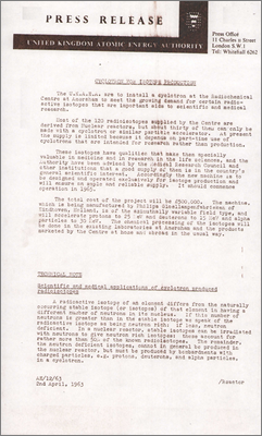 Press release: Cyclotron at Amersham (2 April 1963)