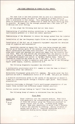 The first operation of Nimrod to full energy (A day-by-day account by Lesley Mullett of operations in August leading to design energy for the first time, 20 September 1963)