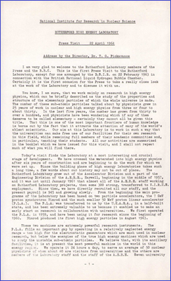 Rutherford Laboratory Open Week -- Press Visit address by TG Pickavance (22 April 1964)
