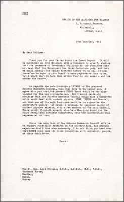Letters between Quinton Hogg and Lord Bridges as given to Senior Staff Forum (21 October 1964 from October/November 1963)