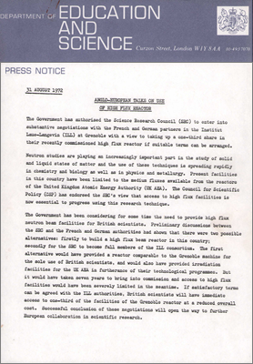 Department of Education and Science Press Notice: Anglo-European talks on use of High Flux Reactor (31 August 1972)