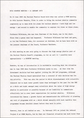 EPIC Country Meeting (11 January 1973, Introduction and slides to a staff(?) talk about the proposed EPIC synchrotron and its links with both NINA and CERN)