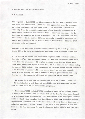 A note of the Five Year Forward Look (GH Stafford, 5 April 1974, Issues surrounding the funding or otherwise of the proposed EPIC synchrotron)