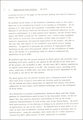 SB 67/74 and P/AL/34 "High-powered laser facility: Paper by Dr GH Stafford, Director, Rutherford Laboratory" plus associated minutes and Annex; technical appendices have not been scanned (4 December 1974)