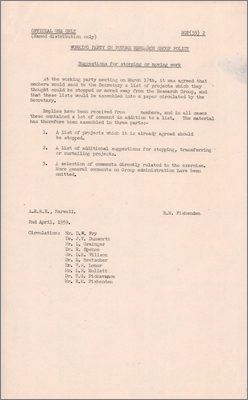 RGP(59)2: Suggestions for stopping or moving work (with margin notes by Pickavance, 2 April 1959)