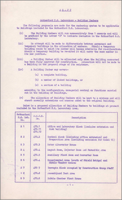 Draft paper concerning a scheme for Laboratory building numbers (prefixed by R, guidelines concerning complete, linked and extension buildings,1959 presumed)