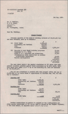 Letter from A Miller to L Phillips, UKAEA, Risley concerning costs for the Nimrod Project (Confirming Treasury approval for building estimates, 5 May 1960)