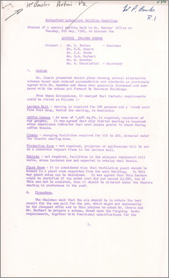 Lecture Theatre Scheme: Minutes of special meeting (Revised requirements reducing accommodation to 200, no projection room required, separate ventilation plant room unless the cost cannot be justified in which case situated under the seating, construction ideally completed by 31.8.63 when first beam from Nimrod expected, 8 May 1962)