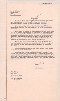 Note from Harbert to Bowles including copy of letter from Managing Director of Events Lifts Ltd clearly disappointed with the situation and pointing out that some lift servicing had not been carried out by Evans Engineers (15 November 1962)