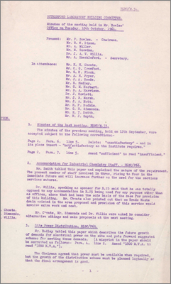 RLBC/M34 Accommodation for Industrial Chemistry Staff as R25 is unsuitable; site power distribution; Atlas computer building costs have increased since estimate so 220,000 pounds is now 250,000 pounds, Treasury will not approve this so a meeting to be arranged with Ferranti; layout of grounds including fencing and holes to be dug in concrete for non-resinous trees with parking between; many tenders received have increased by 15 percent over the last six months; tenders for Restaurant were up by 10,000 pounds as external services are much more involved than anticipated, 10 October 1961)
