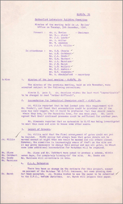 RLBC/M36 Accommodation for Industrial Chemistry Staff; layout of grounds and the final arrangement of gates; estimate for PLA extension; Atlas computer building and re-examination of costs; clearance of area around R13 and R14 and the siting of car parks; lack of progress on site clearance; equipment in the Restaurant; bus shelters; design of signs on buildings; delays in preliminary designs and estimates causing issues for Chivers who would be compelled to reduce their workforce by Easter 1962; Minor Works Orders budget now spent; future meetings of RLBC will change; Minutes actually number these as M35, 5 December 1961)