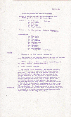 RLBC/M39 Atlas building and issues with ventilation; wind and cold had delayed the PLA extension; Mezzanine floor in R8; tender for work reshaping spoil heap accepted plus 1000 pounds to cover Jellicoe expenditure so final cost of project is 19,500 pounds  plus 4,000 for seeding; site power distribution; R2 extension; roads and roundabouts with cats eyes down the centre line; access to labs on north side of R1; preliminary estimate for Lecture Theatre is reduced to 80,000 pounds; Plant Store R24 now working out at 2.7 pounds per foot; standard signs for buildings, roads and car parks in Perspex or stove-enamelled steel such as they have at Bracknell; R1 extension Orion bay (5 March 1962)