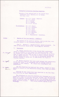 RLBC/M43 Construction of Restaurant should recommence on 15 August for completion by May 1963; drawings of Lecture Theatre for tendering purposes approved, provision of lavatories meets requirements of London Building Act; fees for plant store R24 increased slightly due to difficulties with external services; approval for R25 cooling water scheme now with Treasury; unsatisfactory steel framework for plant storage space in Experimental Area; proposal to use space between R8 and R10 for toilets, locker room and mess room for laboratory workers (2 July 1962)