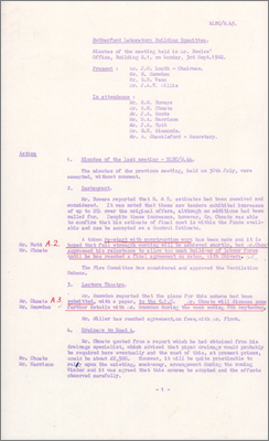 RLBC/M45 Tenders received for Restaurant up 20 percent on original offers; Lecture Theatre plans submitted; changes to plan for extension to R18 to accommodate Industrial Chemistry and Electronics Sections; simple building to replace watchman's hut at site main entrance; plans for future requirements for offices and laboratories; discussion of repairs to R20 car park (3 September 1962)