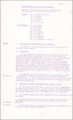 RLBC/M47 Construction of Restaurant proceeding, roof sections to be placed as soon as possible to permit internal work; tenders invited for Lecture Theatre; revised plan for site main entrance at cost of 2,000 pounds, lorry lay-by to the considered; delay on building signs; proposed new laboratory and office building R33 may require purchase of additional land so discussion of alternative sites so as to minimise transit distance from R1; water cooling towers R11 should have some colouring applied to improve appearance; discussion of fees for SWO non-productive design work; in 2.5 years of operation SWO had completed MWO to the value of 14,000 pounds (5 November 1962)