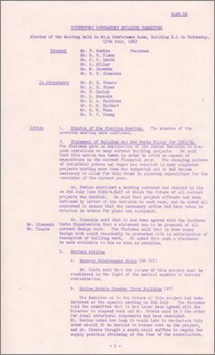 RLBC/M55 Changing pattern of industrial prices and wages has resulted in projects becoming costing more than was budgeted so some were suspended; Helium Bubble Chamber plant building work also suspended; siting of Irradiation building agreed south-west of R33 but in abeyance for now (17 July 1963)
