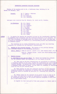 RLBC/M58 Reduction in committee work as a consequence of the continued deferment of new projects; Link road to R5 and R6 lavatory block estimate confirmed at 3,700 pounds, existing temporary lavatory preventing completion of banking work; Lecture Theatre work being paid very close attention; remedial work on floor of the foyer and rotunda in R22 Restaurant to be discussed later that day; multitude of contractor's huts even though projects completed was unsightly (4 November 1963)