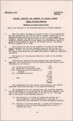 RLBC/P51 NI/GP/61/24 Extension to Nimrod Control Room (Proposal for extension costing 14,375 pounds, 30 March 1961)